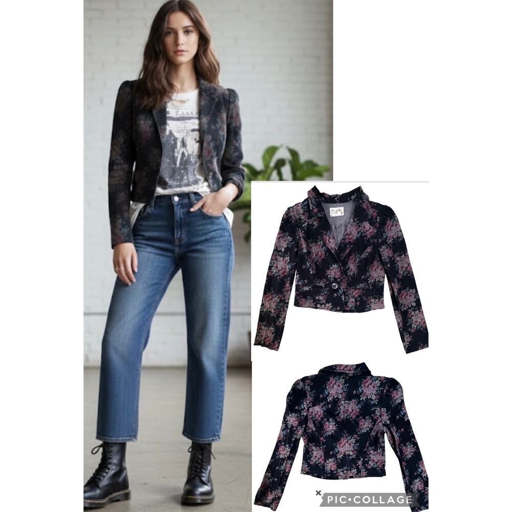 Free People Floral Denim Crop Jacket Faded Black Grunge Whimsigoth Boho Size 6